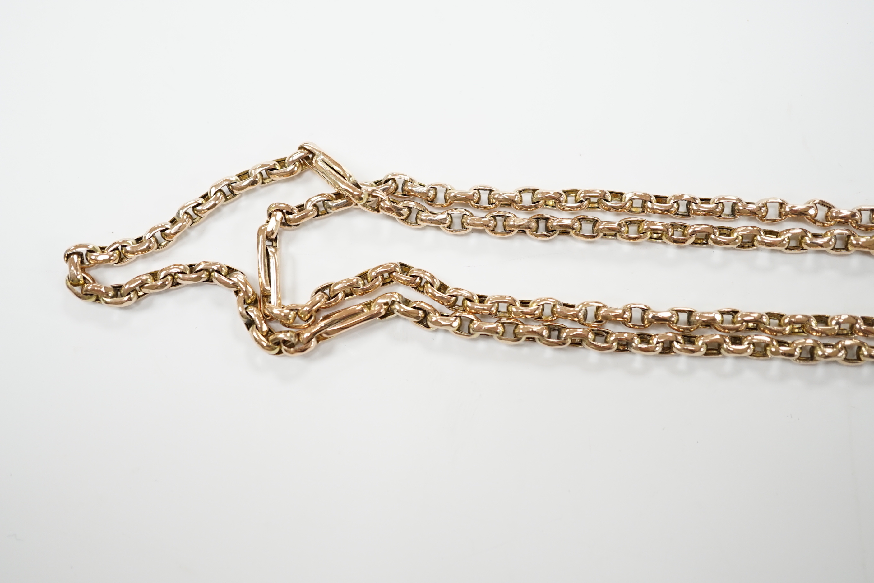 A 19th century 9ct oval link guard chain, 154cm, 40.1 grams.